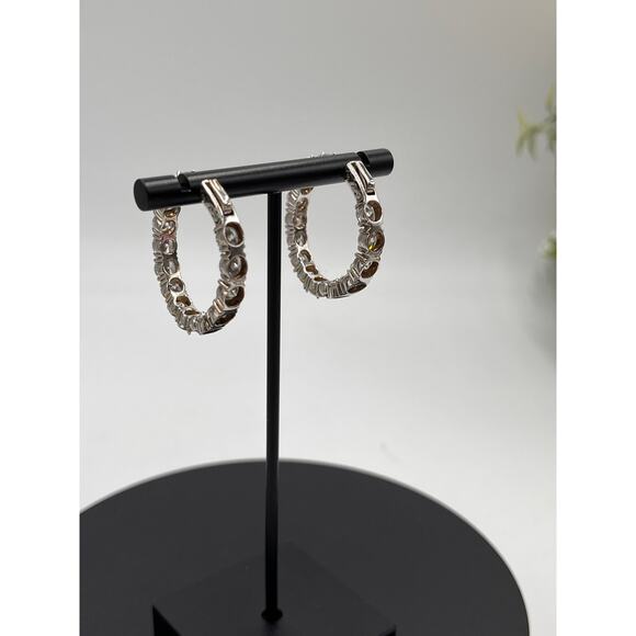 SD Signed Sterling Silver CZ In & Out Huggie Hinged Hoop Round Earrings - Picture 5 of 14